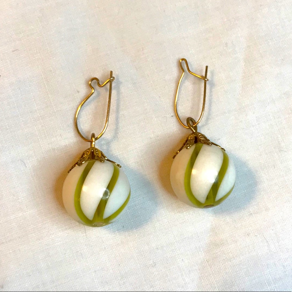 Lovely Cream and Sage Swirl Ball Earrings